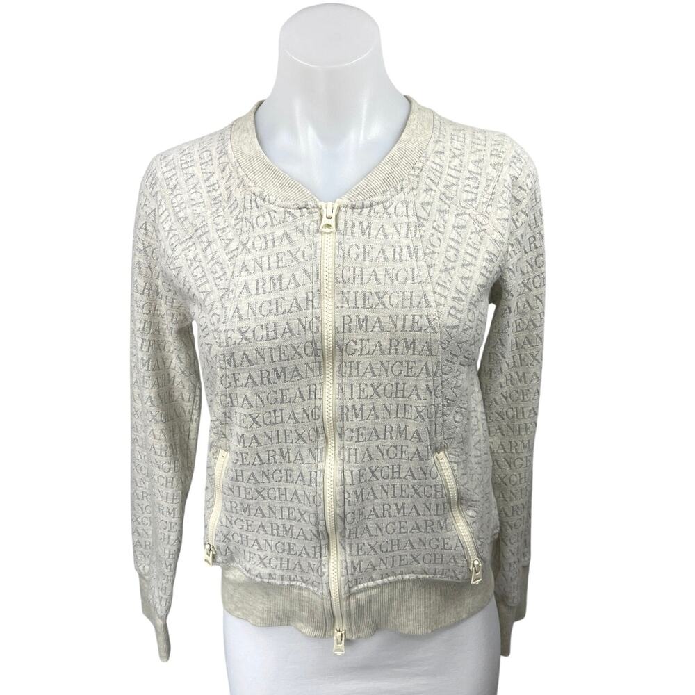 Armani Exchange Gray Spell Out Logo Metallic Zip Up Bomber Sweater Jacket Size L
